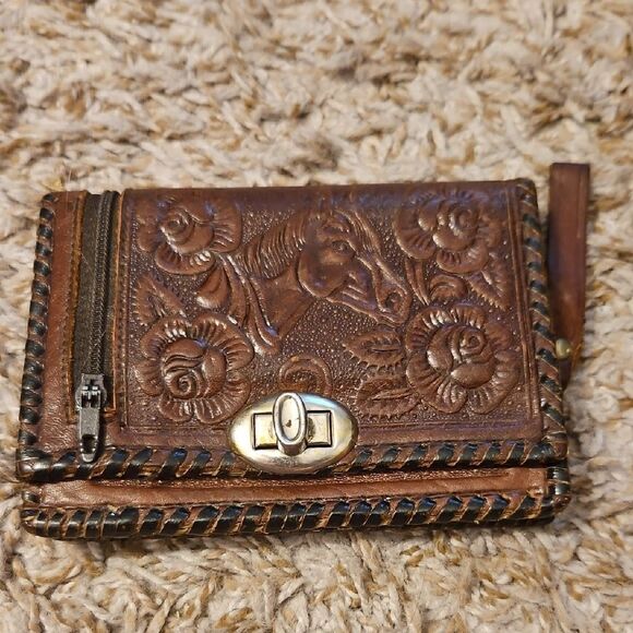 Vintage Handbags - Vintage Tooled Leather Wallet Made in Mexico Horse Floral Western Cowgirl